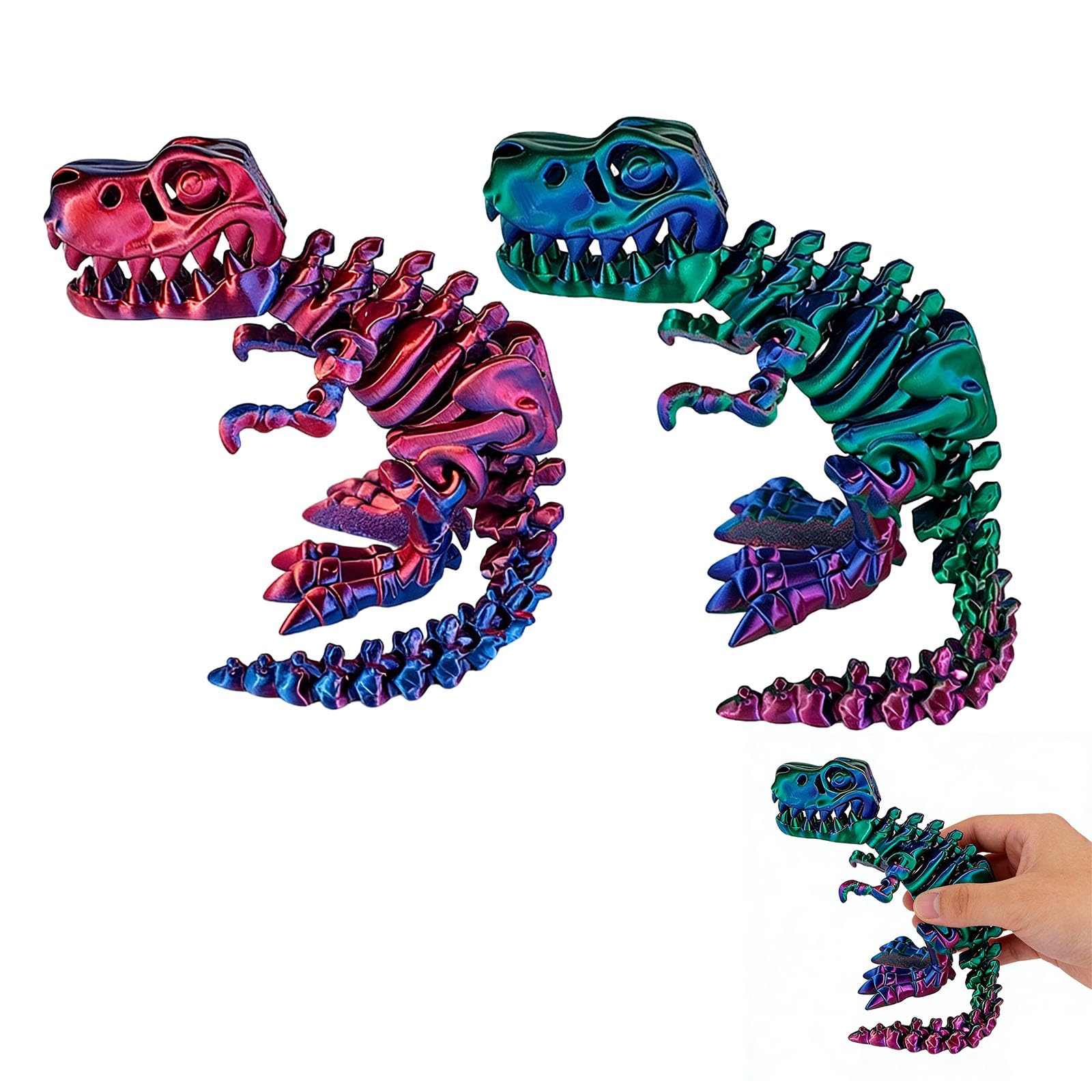 2Pcs 3D Printed Dinosaur Skeleton Toy Articulated Dinosaur Bones Fidget Toy Realistic Flexible Joints 3D Printed Animals Model Desk Decor for Home Office Stress Relief Gift for Kids Adults