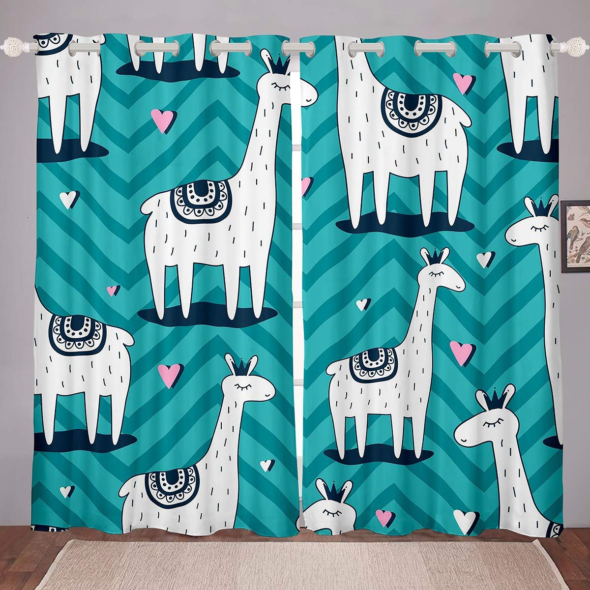 Loussiesd Cute Llama Windows Drapes Cartoon Alpaca Window Curtains for Bedroom Living Room South American Animal Pattern Curtains Geometric Heart Green Decor Window Treatments,W66*L90