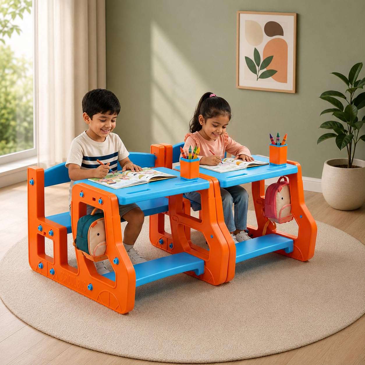 eHomeKart Kids Double Seater Study Table & Bench Set of 2 | 90x75x58 cm | Set of Two School Senior with Backpack Storage | Children Activity Desk Chair for Boys & Girls | Age 3-10 Years-image-37