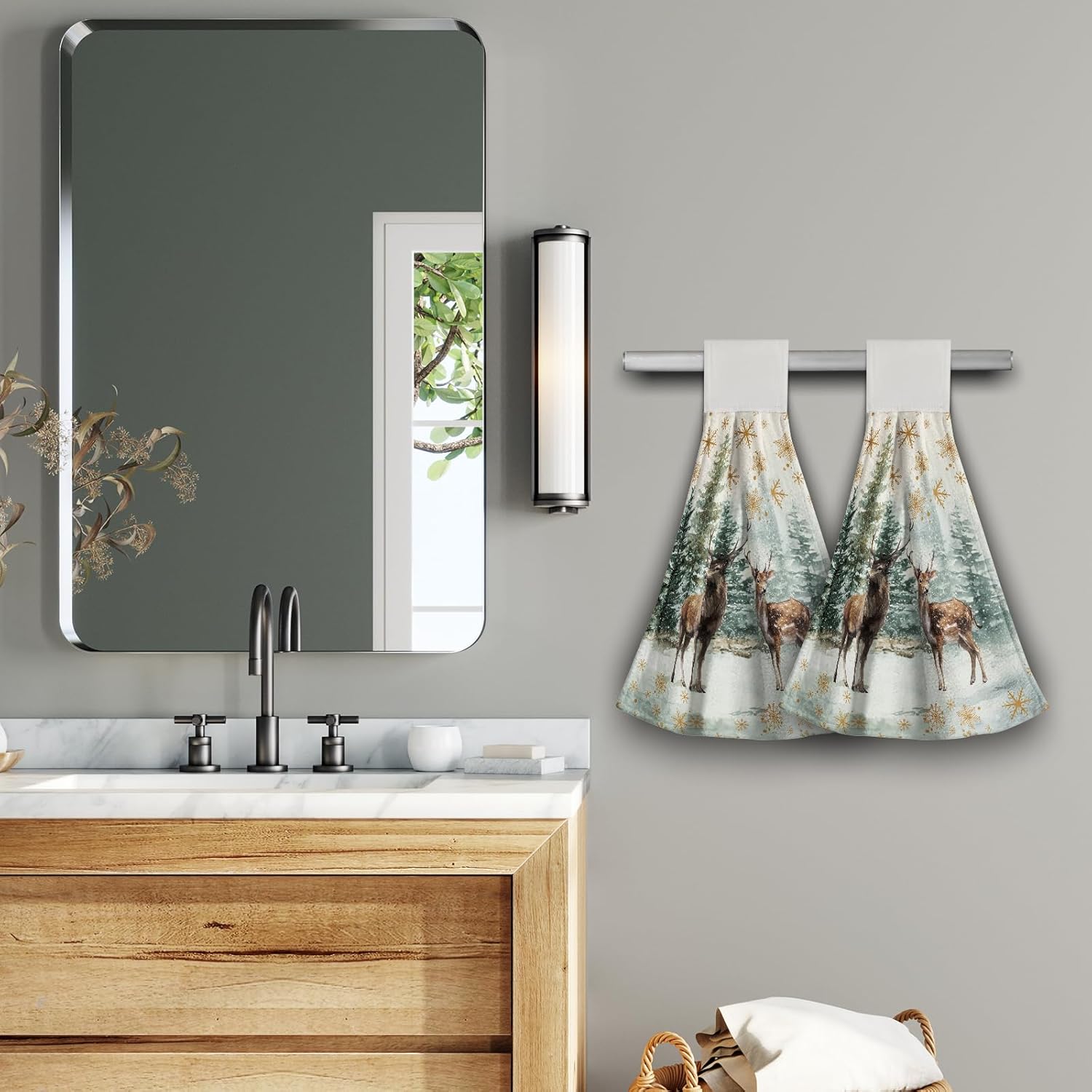 Giwawa Winter Deers Kitchen Hand Towels Set of 2, Xmas Trees Gold Snowflakes Hanging Tie Towel, Elk Moose Wildlife Dish Tea Bar Loop Hook Towel Washcloth for Bathroom Laundry Room Decor - Image 6