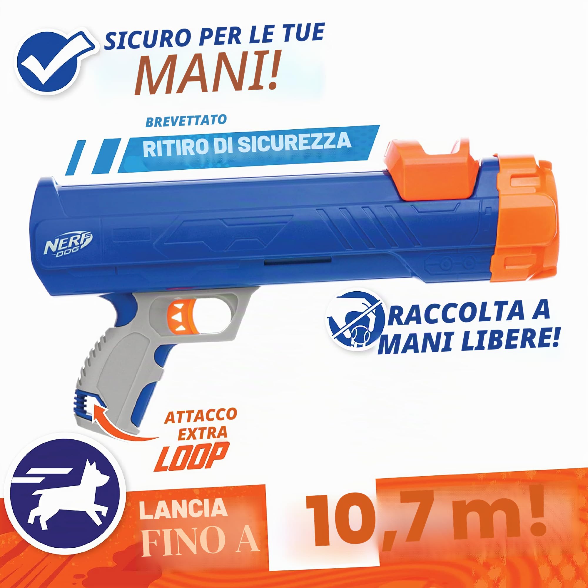 Nerf Dog 12in Blaster w/o Ball Clip 3 2in Squeak Tennis Balls - Opaque Blue/Orange/Gray and Orange and Blue and Green