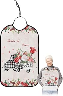 BOBOWUNY Valentines Day Truck Adult Bibs for Elder Women Men Eating, Love Heart Roses Black White Checkered Waterproof & Washable Bibs for Eating Clothing Protector Dining Bibs for Crumb Catcher