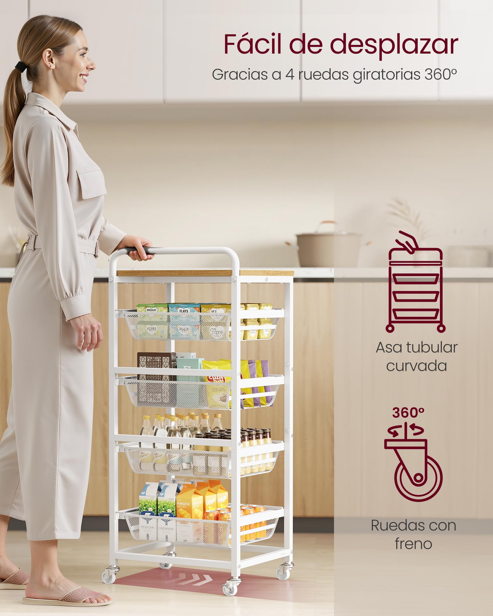 VASAGLE Carrito de Almacenaje de 5 Niveles, con Cestas Extraíbles, Estante de Cocina con Ruedas y Asa, 31,7 x 40 x 95 cm, Roble Dorado y Blanco Mate LRC041YA01