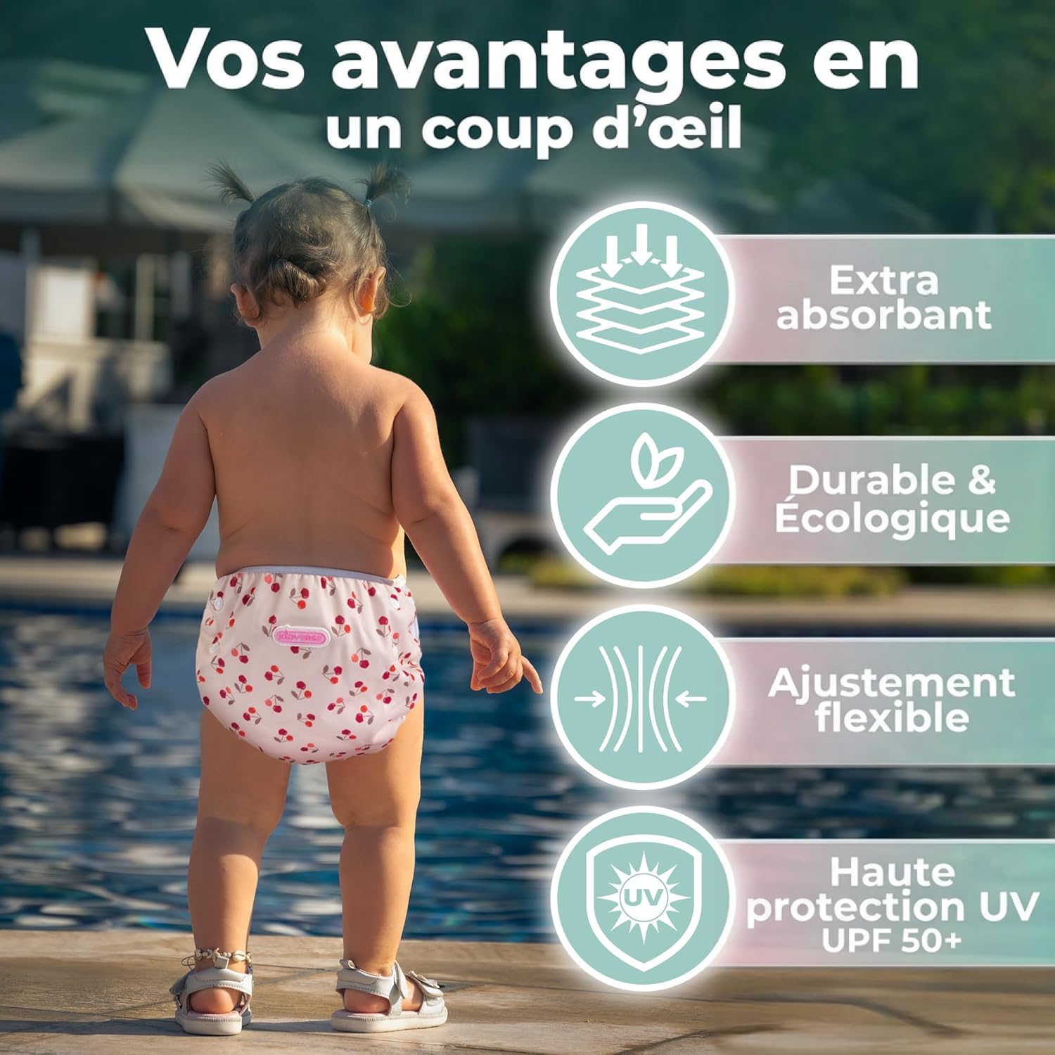 KIDVERSE 2x couche piscine bébé 0 à 3 ans - réglable, réutilisable & lavable avec pochette - pour fille & garçon - qualité certifiée - couche de bain bébé