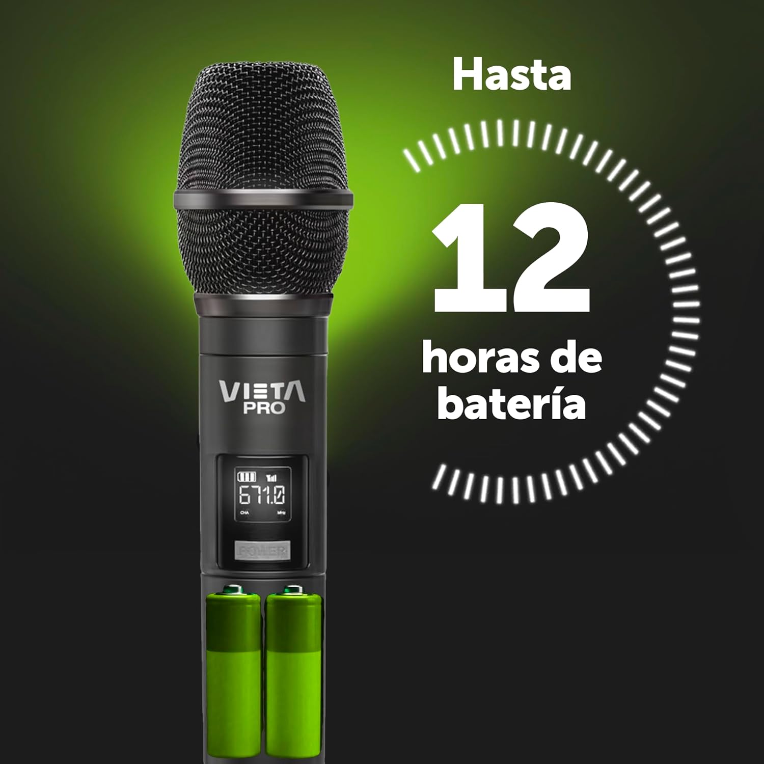 Vieta Pro Party Mic receiver with an icon indicating up to 12 hours of battery life