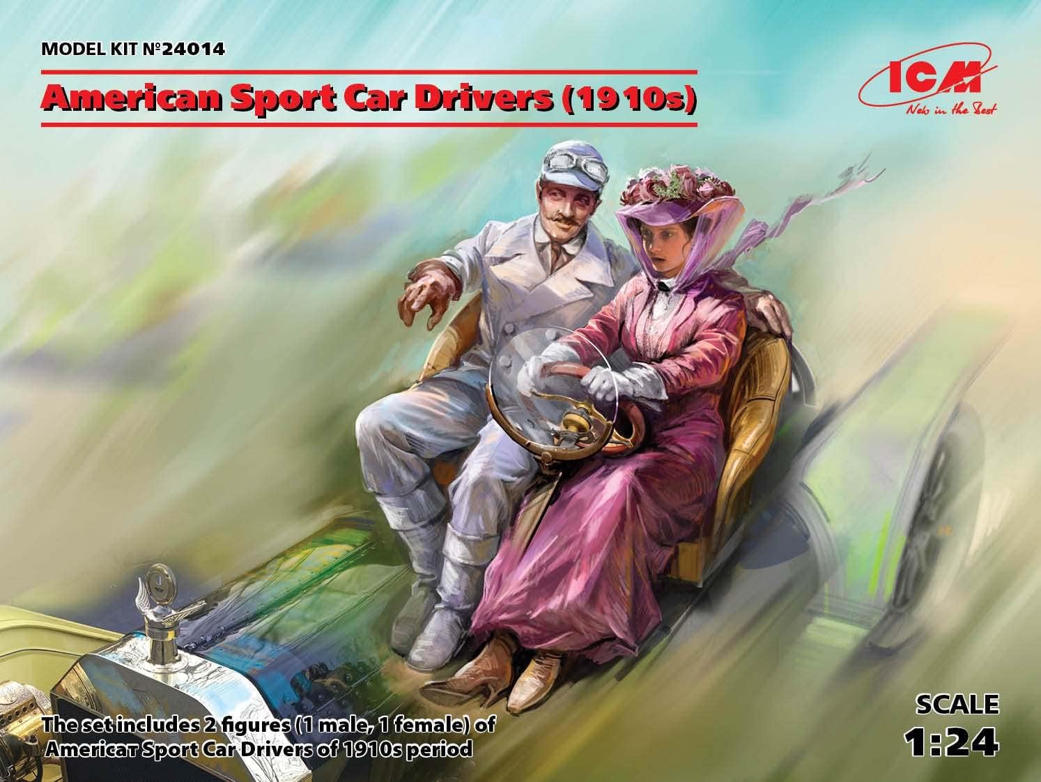 ICM 24014 Plastic Figures Model Kit American Sport Car Drivers (1910s) (1 Male, 1 Female Figures) - Scale 1:24