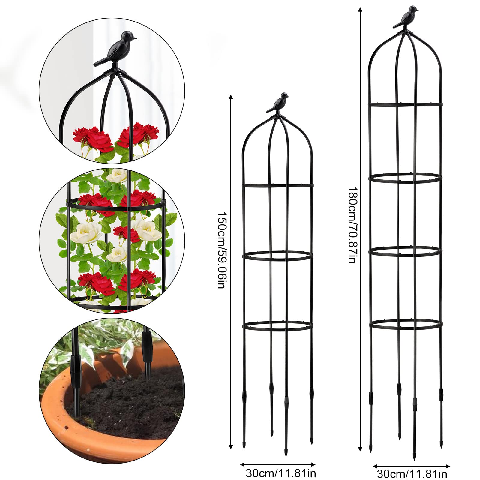 2 Szt. 70,8-Calowa Krata Ogrodowa W Kształcie Obelisku Do Roślin Pnących, Metalowa, Odporna Na Rdzę Podpora Do Róż Z Powłoką Plastikową, Idealna Do Pnączy, Czarna, 180 Cm