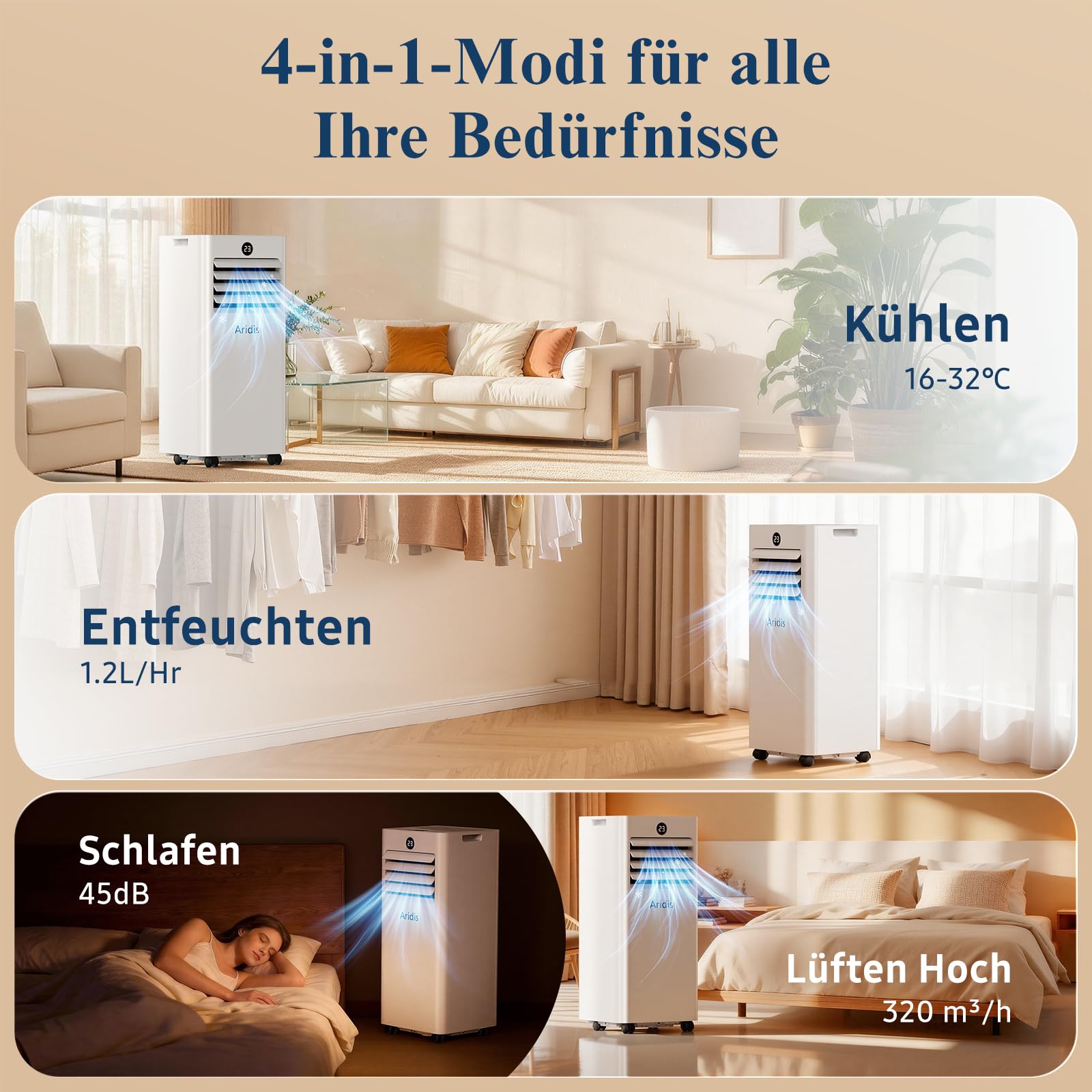 Mobile Klimaanlage 9000 BTU 4-in-1 mit LED Display & Fernbedienung, Fenstermontagesatz, Abluftschlauch, bis 88m³ (33㎡)