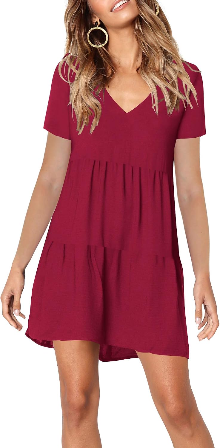 FAVALIVE Womens Casual Loose Short Sleeve V Neck Solid Color Dress