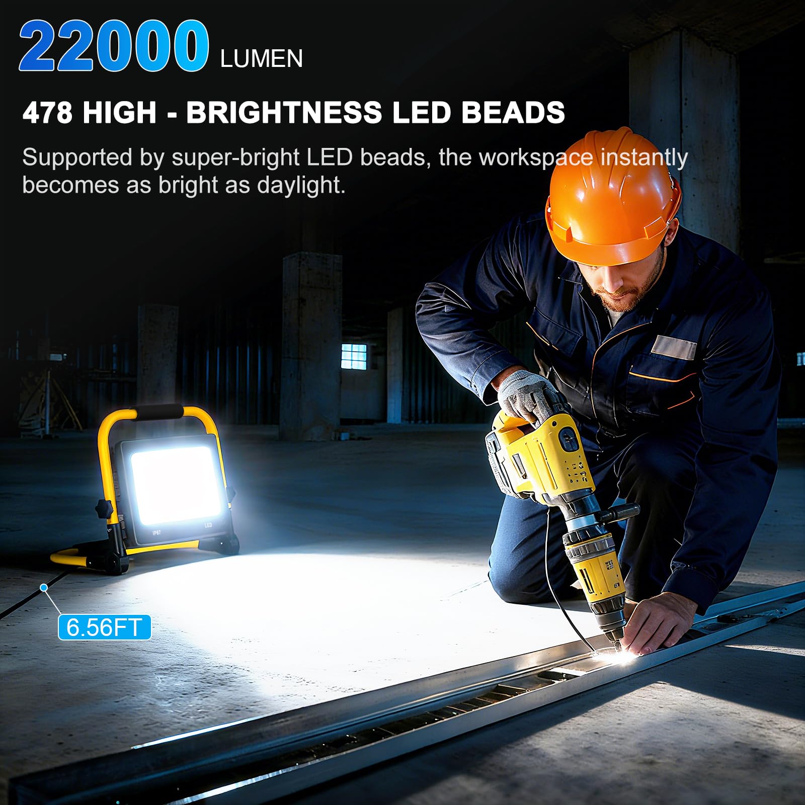 Faretto LED da Cantiere 200W, 20000lm Fari Led da Esterno con Spina, 6500K Lampada da Lavoro IP67 Impermeabile Cavo 2M, con Staffa Pieghevole, Faretto Lavoro per Edilizia,Officina, Garage