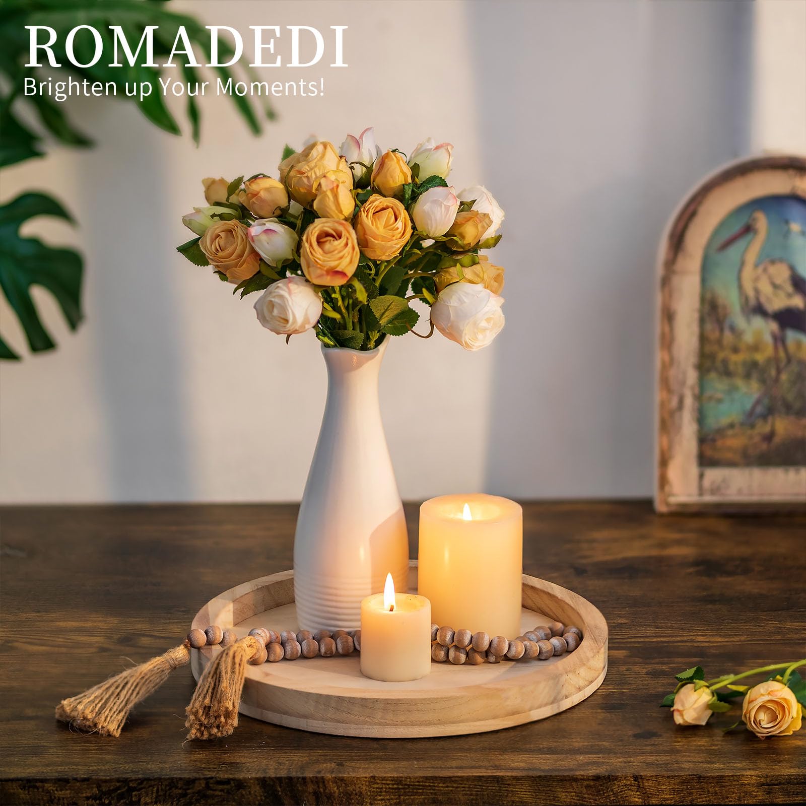 Romadedi Round Wooden Decorative Tray:Rustic Candle Tray for Pillar Candles Farmhouse Wood Serving Tray for Table Centrepiece Kitchen Countertop Home Decor,28.5cm - Image 3