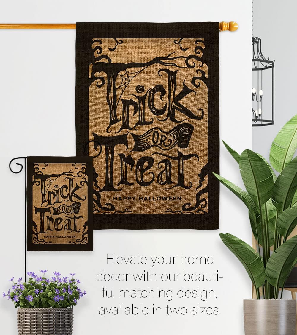Halloween Trick Burlap Garden Flag - Set with Stand Fall Witch or Treat Spooky Night Black Cat Season Autumntime Pumpkin - House Decoration Banner Small Yard Gift Double-Sided Made in USA 13 X 18.5