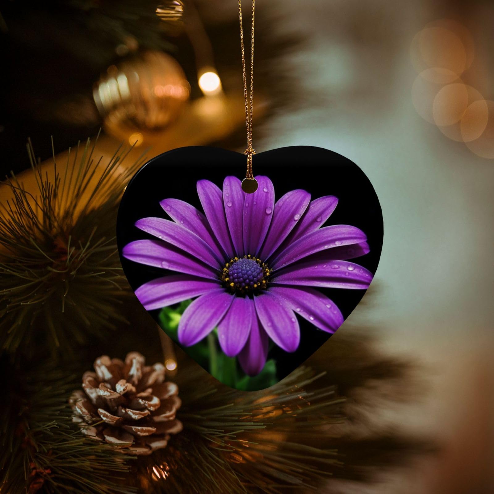 Christmas Tree Ornaments Ceramics Christmas Decorations Purple Daisy Ornaments with Gold Ribbon Porcelain Xmas Tree Crafts Heart Shape Hanging Pendant for Christmas Tree Party Decor