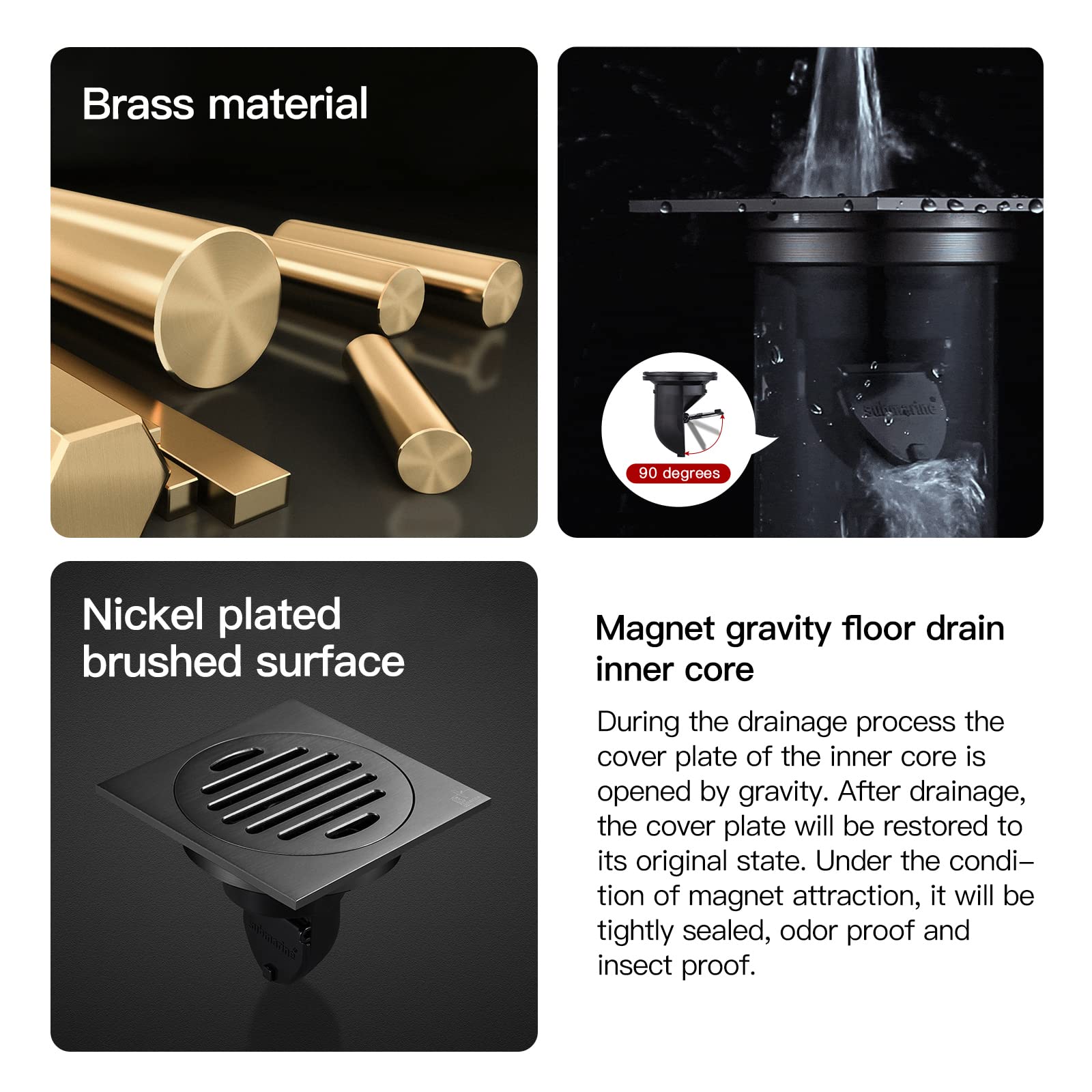 SUBMARINE 4 Inch Square Shower Drain, Built-in Shower Drain Cover, Hair Filter Screen and Floor Drain Backflow Preventer, Quick Drainage, Prevent Odor, Suitable for Bathroom and Kitchen