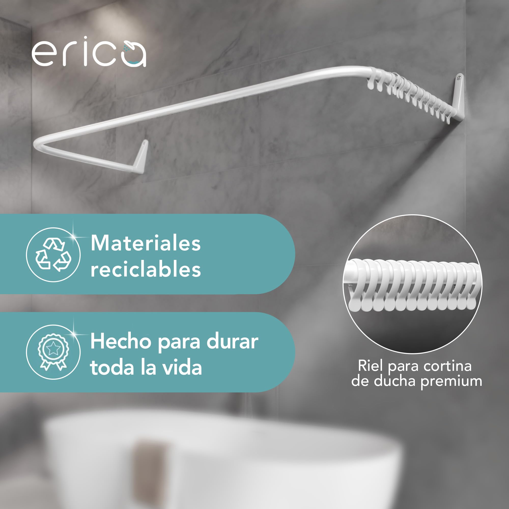 Erica Barra para Cortina de Ducha en Forma de U de 70x165x70cm, Barra para Cortina de Baño para Bañera sin Soporte en el Techo, Recubierta de Plástico sin PVC, Inoxidable (Blanco)