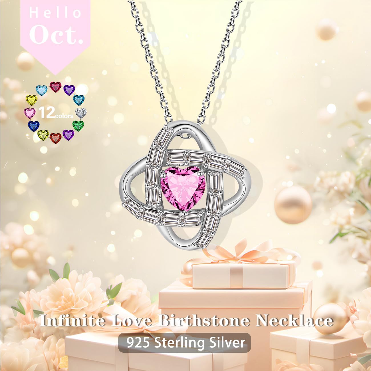 Birthstone Necklace for Women, S925 Sterling Silver Jewelry Gifts, White Gold Plated Love Knot Pendant, Anniversary Birthday Vanlentine Day's Gifts for Grandma, Wife, Mom and Sister - Image 2
