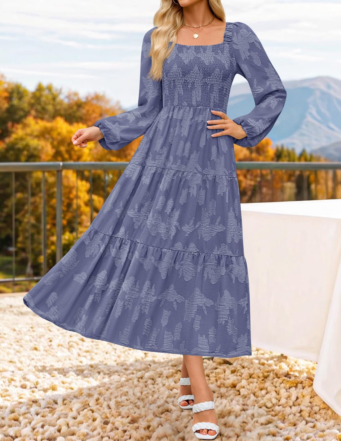 ZESICA Women's 2026 Spring Floral Midi Dress Long Sleeve Smocked Flowy Long Wedding Guest Vacation Dresses - Image 7