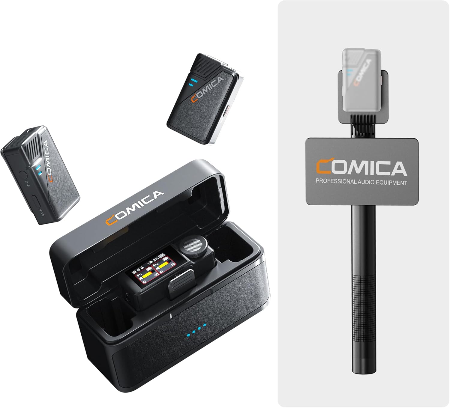 COMICA BooMax Wireless Lavalier Microphone System, 32-Bit Float Mic with 32GB Internal Recording, Touchscreen, Noise Cancellatio and Interview Handheld Adapter