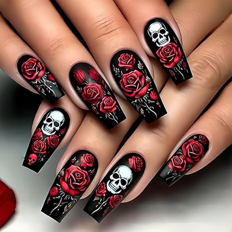 Halloween Press on Nails Coffin Shaped Fake Nails Black Medium Acrylic Glue on Nail Floral Gloss False Nails with Red Rose Skull Designs Horror Artificial Stick on Nail for Women Girls 24PCS