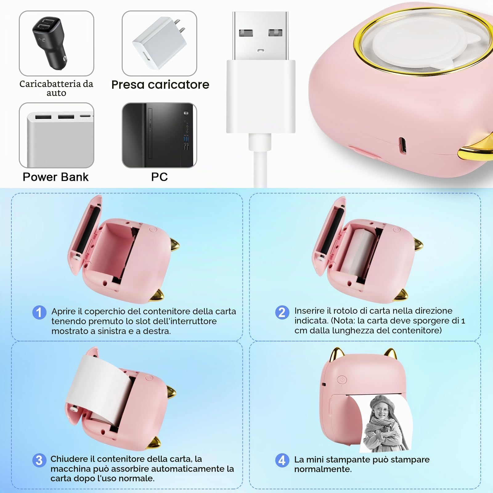 Mini Stampante Fotografica Termica Portatile Bluetooth con LED, Ricarica USB per Note e Diario