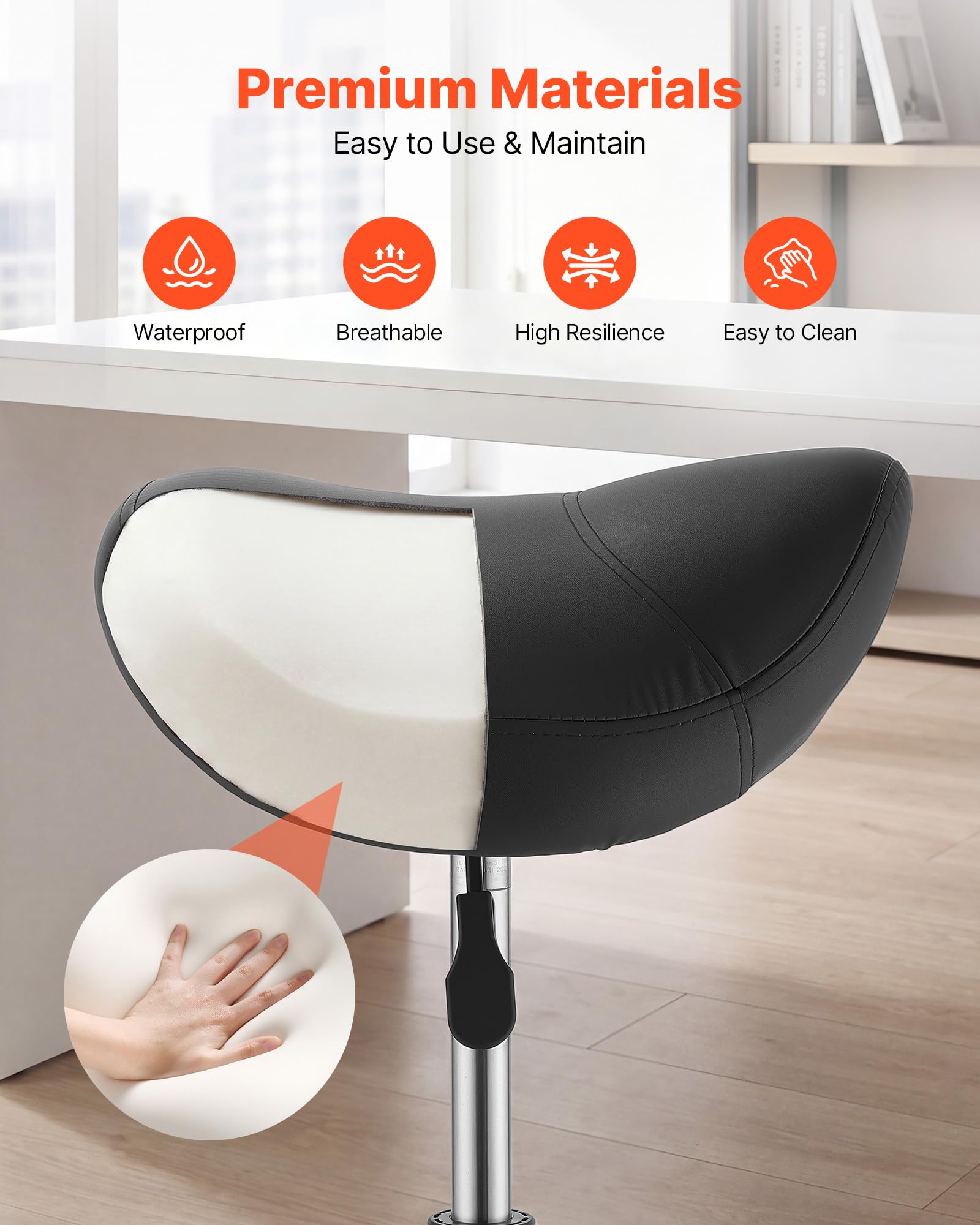 VEVOR Taburete Tipo Silla de Montar, Taburete de Trabajo con Ruedas, Capacidad de Carga 226,8 kg, Altura Ajustable, Giro 360°, Asiento Ergonómico Tapizado, Silla de Estética para Oficina Peluquería