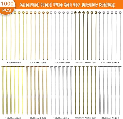 Miniatura 2 de Juego de 1000 pines surtidos para la fabricación de joyas, incluye 500 pines de cabeza esférica y 500 pines de cabeza plana, pasadores de cuentas