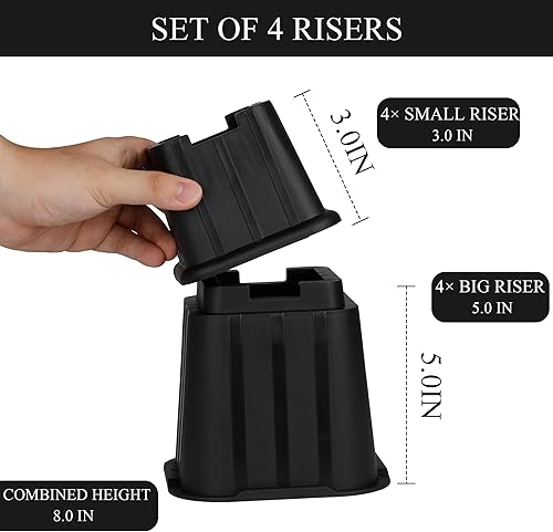 Miniatura 3 de C CRYSTAL LEMON Elevador de cama de 8 pulgadas, resistente, 8 piezas, elevadores de cama ajustables, 3 niveles de elevación en 3, 5, 8 pulgadas,