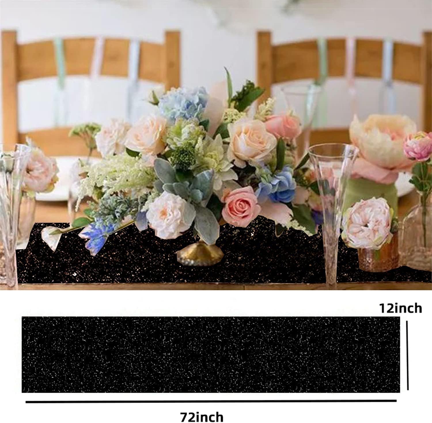 Black Sequin Table Runner 4Pack 12 x 108 inch Long Table Runners,Glitter Shiny Fabric Runner for Round Rectangle Table Decorations Reception Party Graduation Event Halloween Birthday Banquet