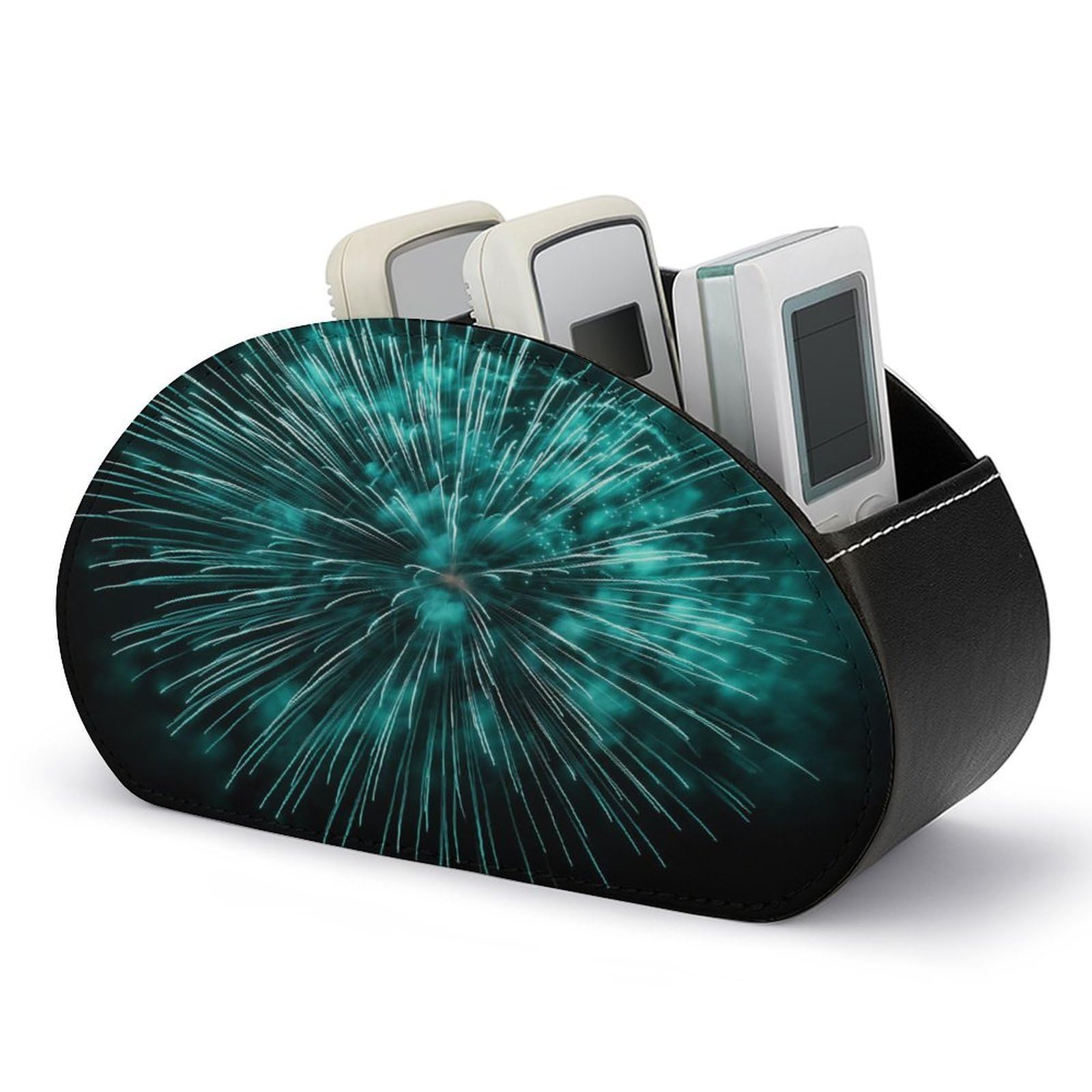 Jubonexis Fireworks Burst in Icy Blue And Teal Colors Remotes Control Holder with 5 Compartments Leather TV Remote Caddy Storage Box Desktop Organizer