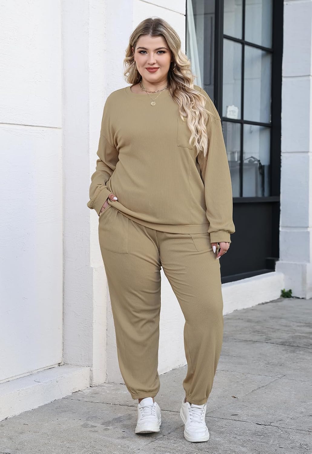 Nemidor Womens Plus Size 2 Piece Fall Matching Lounge Sets Tracksuits Casual Ribbed Knit Long Sleeve Outfits with Pocket - Image 2