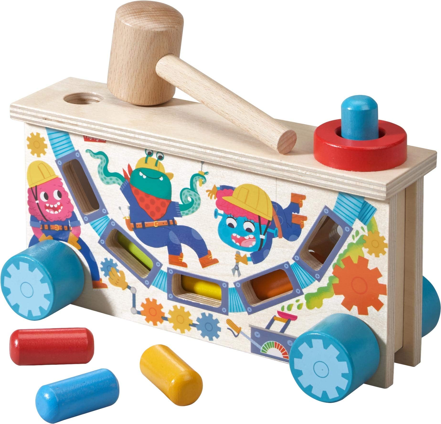 HABA Highlights Monster Tap Bench Hammering and Pounding Toy with Colorful Wooden pegs, Mallet and Illustrations - Teaches Cause and Effect