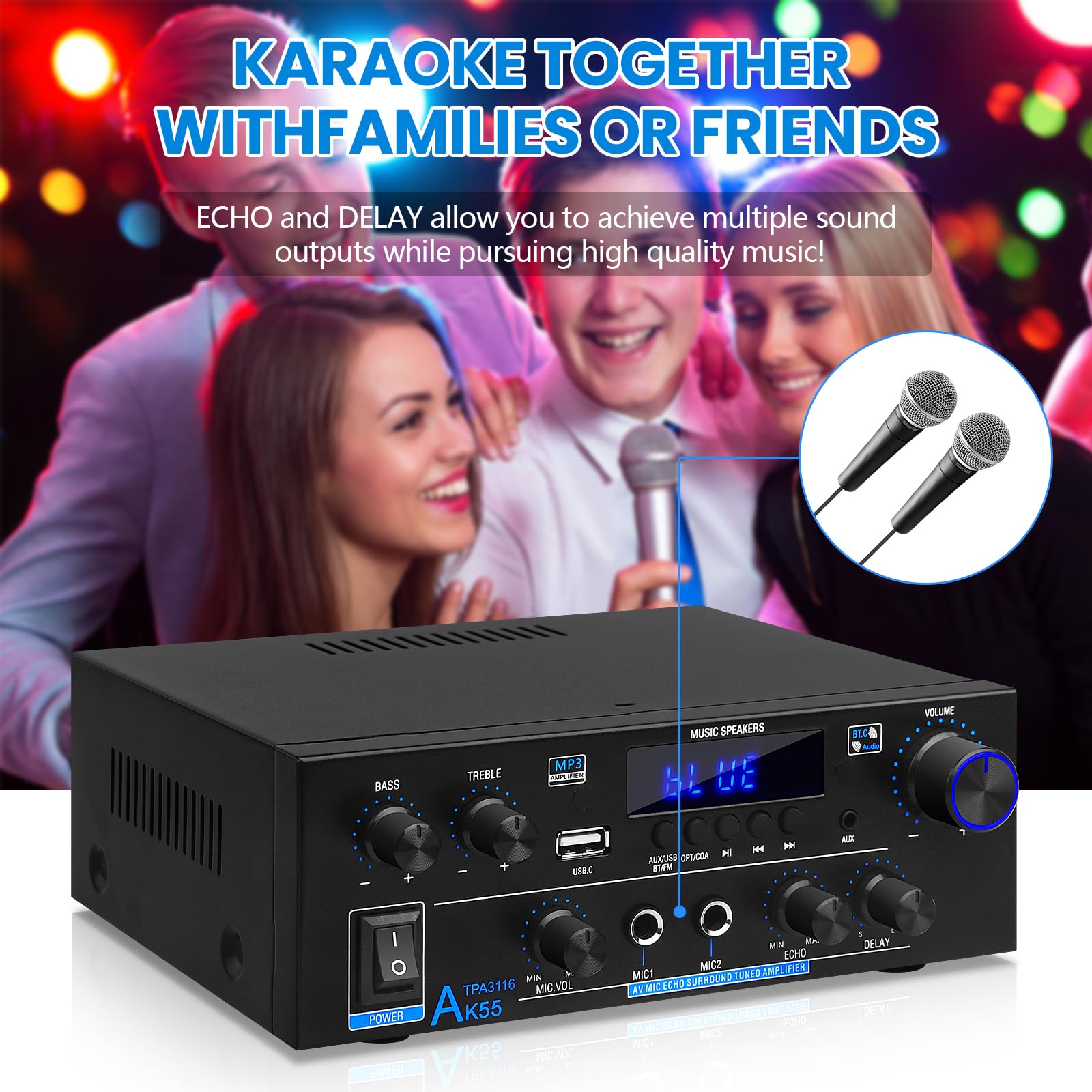 Amplificatore HiFi AK55 Bluetooth Stereo Audio Amplificatore Ricevitore 2 Canali 70WX2 Max. 600W Amplificatore audio digitale 12V/220V per casa o auto