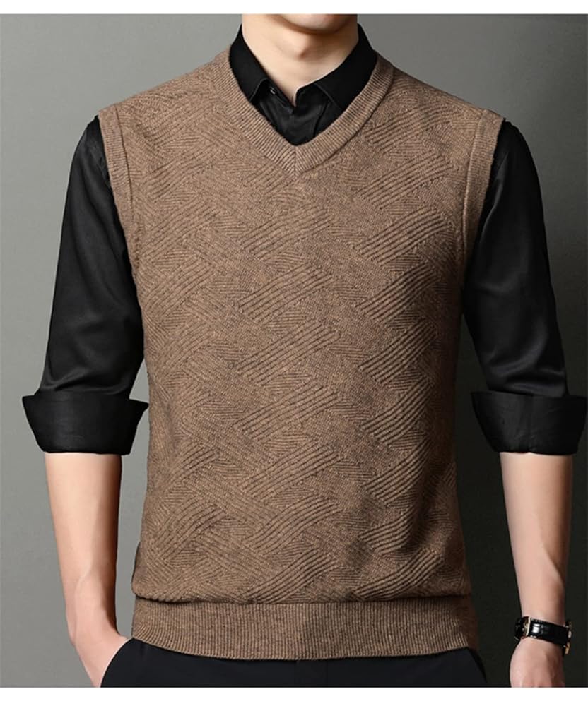 メンズウェア EMBLEM V-NECK KNIT VEST - BROWN Sweater Vest Men Stripes V-Neck Sleeveless Sweaters Mens