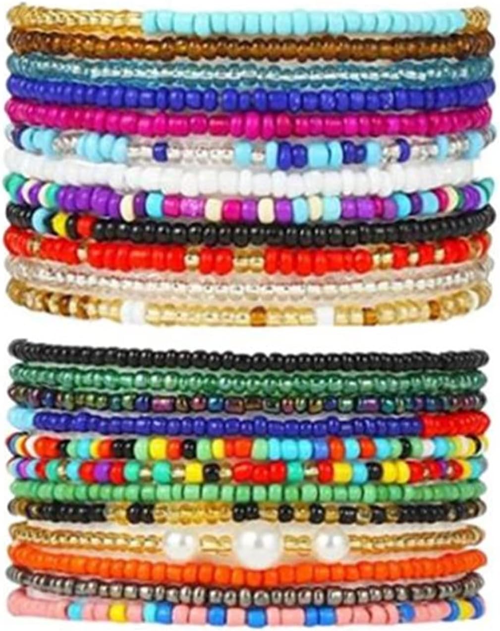 KIFEDSLJ 24pcs Boho Beaded Anklets for Women - Handmade Multicolor Elastic Ankle Bracelets, African Seed Beads Foot Jewelry