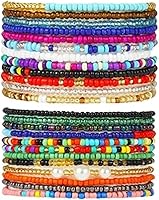 KIFEDSLJ 24pcs Boho Beaded Anklets for Women - Handmade Multicolor Elastic Ankle Bracelets, African Seed Beads Foot Jewelry