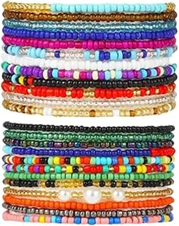 KIFEDSLJ 24pcs Boho Beaded Anklets for Women - Handmade Multicolor Elastic Ankle Bracelets, African Seed Beads Foot Jewelry