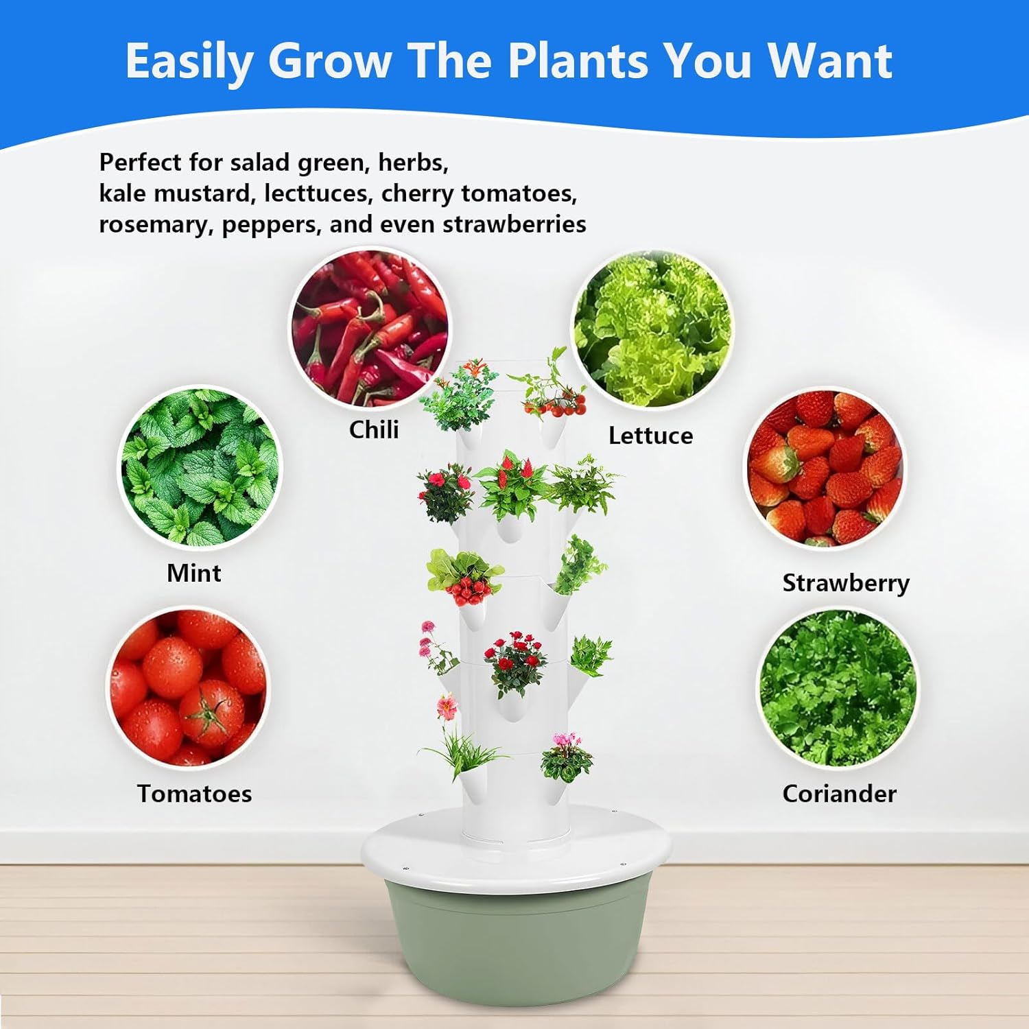 AIZYR 5 Layer Hydroponic Growing Tower System, Hydroponic Tower Vertical Planter Tower, Outdoor Indoor Garden Growing System Kit Automatic Watering