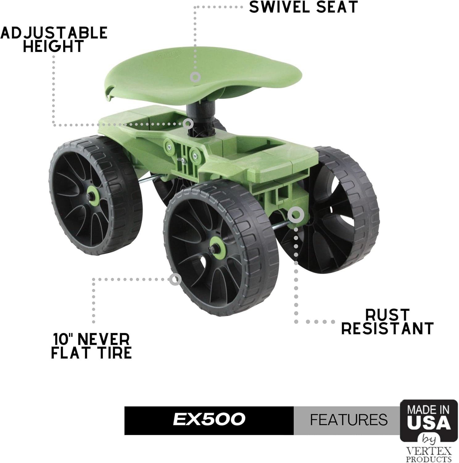 Diagram highlighting the adjustable height, swivel seat, 10-inch never-flat tires, and rust-resistant features of the Wheelie Scoot EX500.