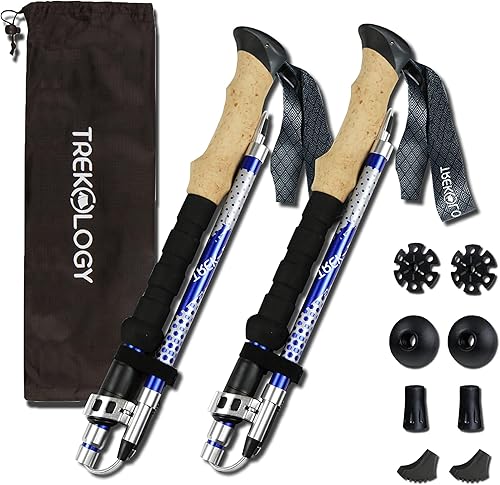 TREKOLOGY Trek-Z - Bastones de senderismo plegables, aluminio fuerte y ligero 7075, bloqueo rápido ajustable, juego de 2 TREK-Z Azul