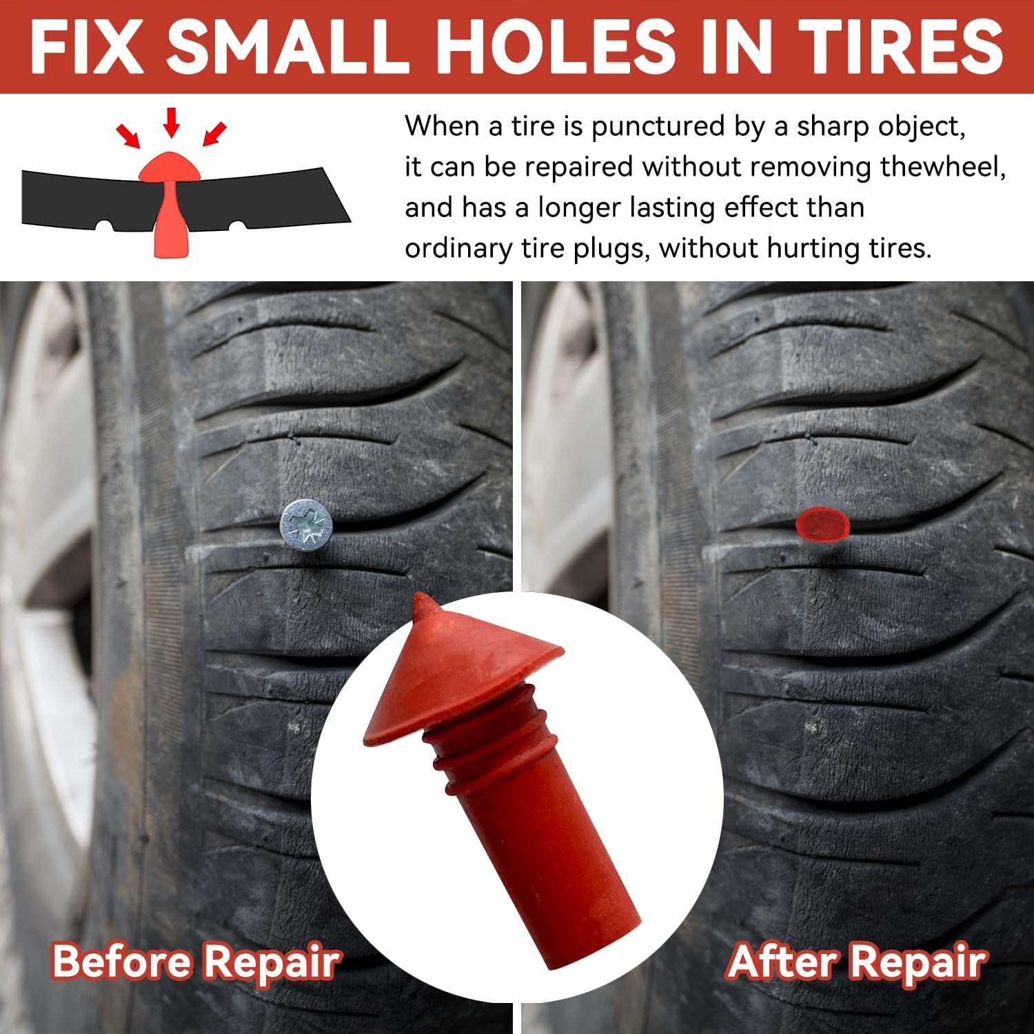 Tire Plug Gun Kit, Tire Repair Kit, Tubeless Tire Gun Puncture Repair Kit with 16 Pcs Mushroom Plugs 16 Pcs Plug Leads, Suitable for Cars, Motorcycles, Trucks, Tractor, Trailer
