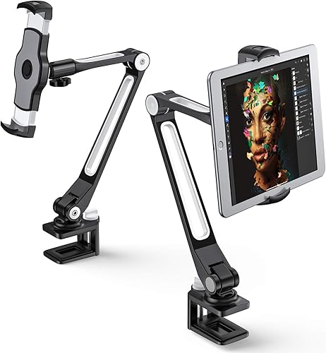 AboveTEK Soporte de escritorio para iPad, soporte ajustable multiángulo para tableta, brazo giratorio de 360, soporte de abrazadera de aluminio para
