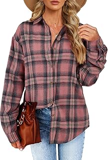 Women's Long Sleeve Plaid Shirts Flannel Collared Button Down Shacket Casual Rolled Up Boyfriend Blouse Tops