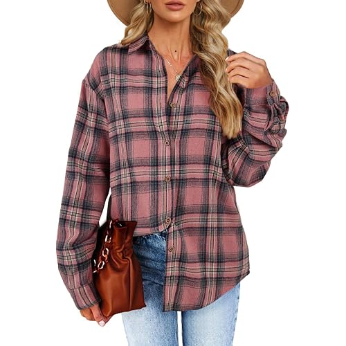 Womens Long Sleeve Plaid Shirts Flannel Collared Button Down Shackets Casual Rolled Up Boyfriend Blouses Top