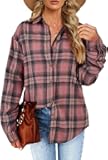 Womens Long Sleeve Plaid Shirts Flannel Collared Button Down Shackets Casual Rolled Up Boyfriend Blouses Top