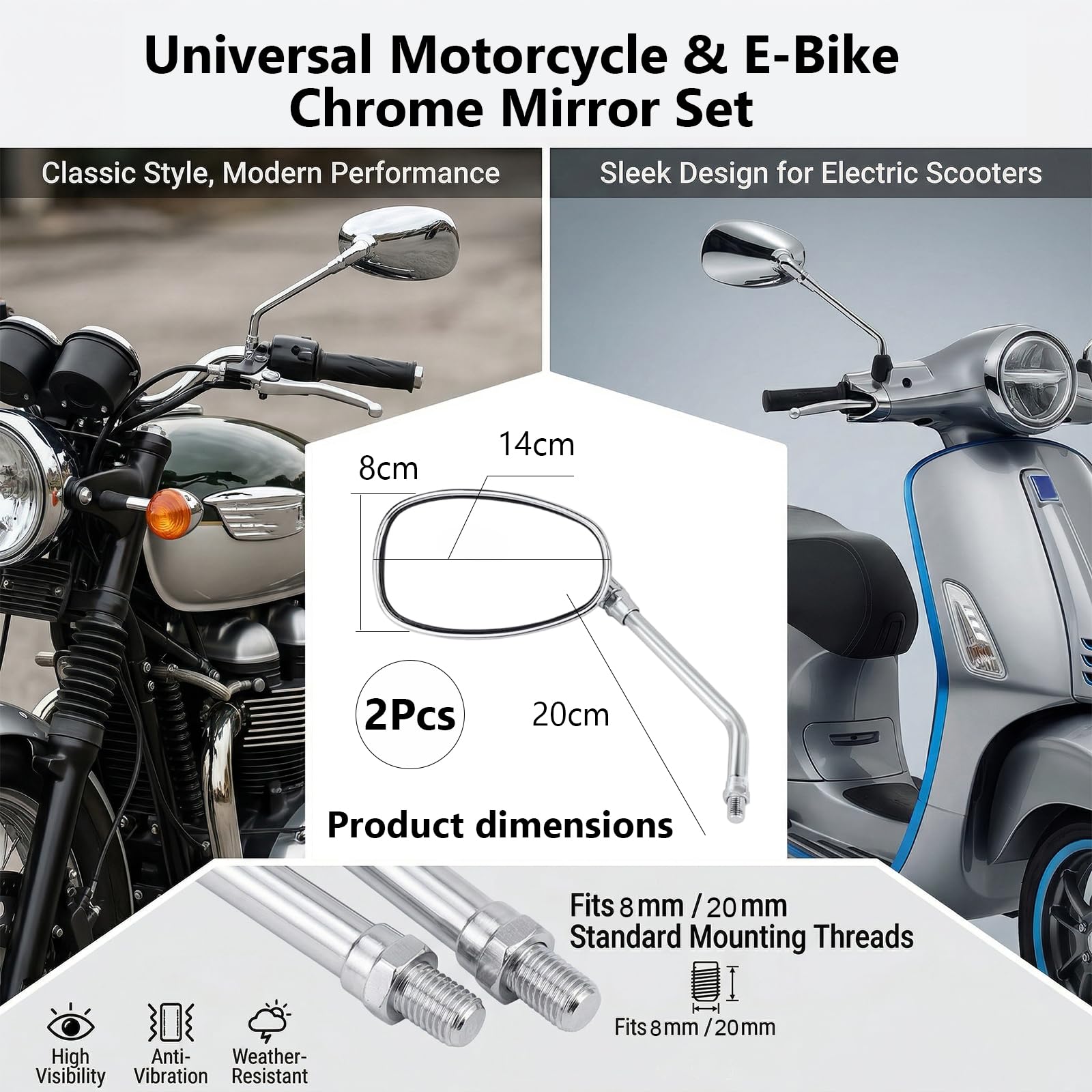 Specchietti Laterali Moto M10 M8, Specchietto Retrovisore Cromato Universale, Compatibile con Yamaha Bobber ATV Street Bike Cafe Racer Sport Cruiser Chopper