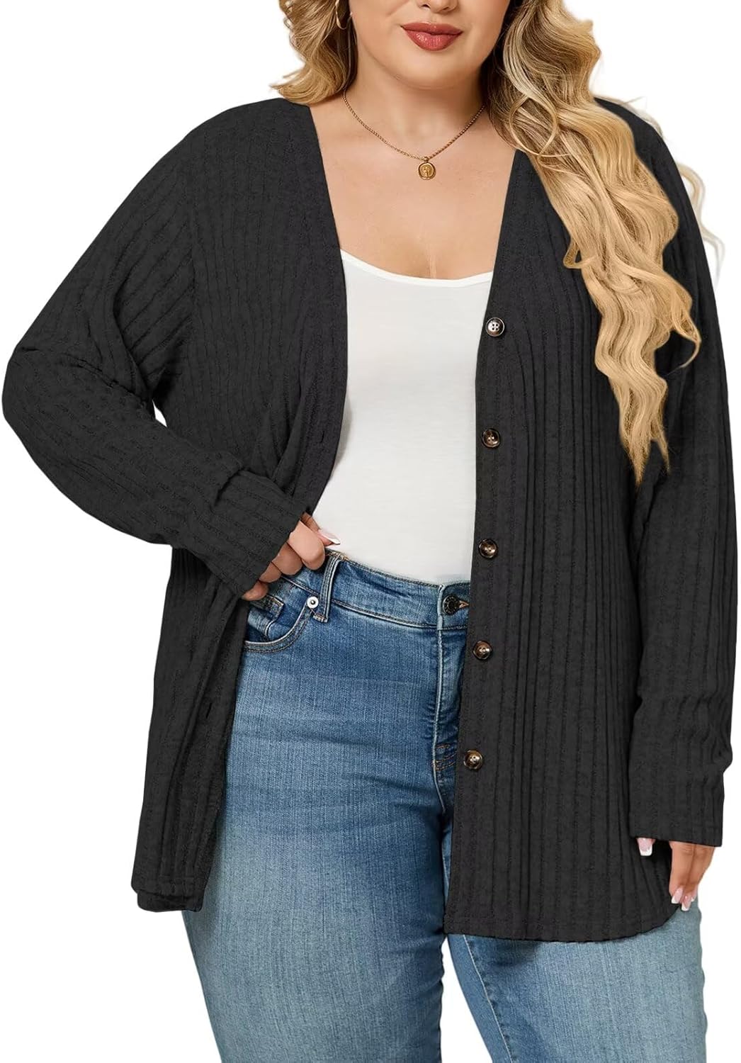 VISLILY Plus-Size-Sweaters for Women Trendy Long Sleeve Lightweight Cardigan Outerwear Loose Button Tunic Open Front Tops