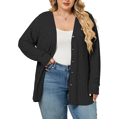 VISLILY Plus-Size-Sweaters for Women Trendy Long Sleeve Lightweight Cardigan Outerwear Loose Button Tunic Open Front Tops