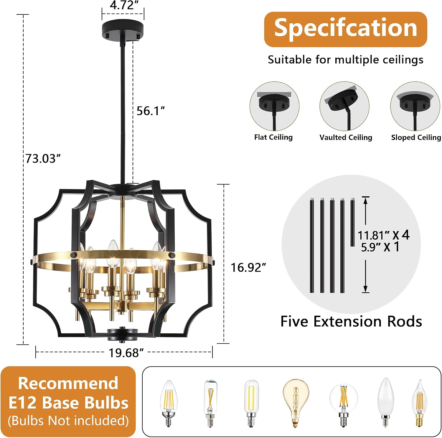 20'' Black and Gold Chandelier 6-Light Modern Farmhouse Chandelier for Dining Room Rustic Industrial Geometric Pendant Light Fixtures for Living Room Kitchen Entryway Foyer Hallway