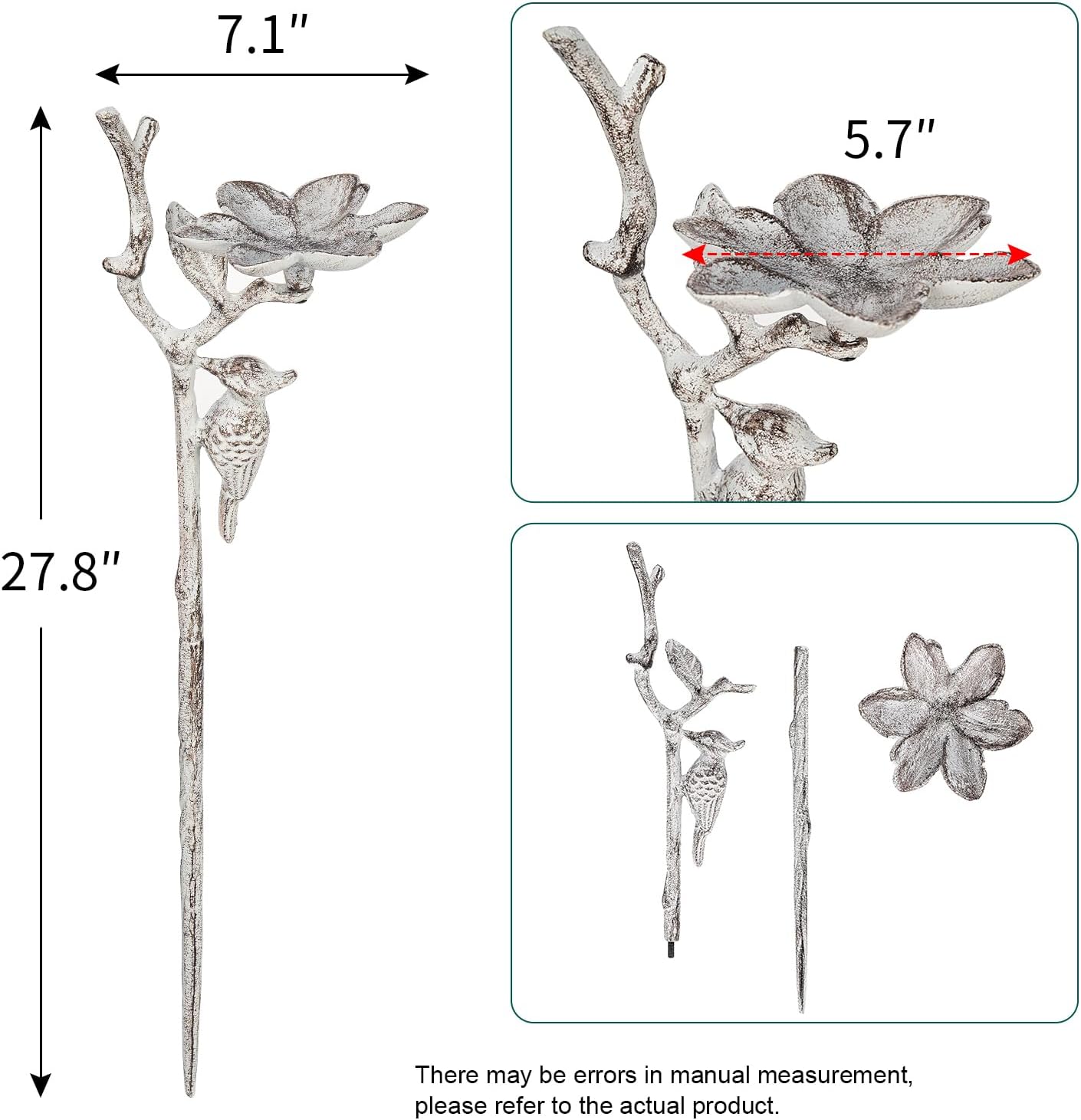 Sungmor Vintage Cast Iron Bird & Flower Garden Stake - Decorative Metal Yard Ornament, Small Bird Feeder, 27.5" Tall Antique White Finish, Outdoor Lawn & Patio Décor, Rustic Garden Sculpture