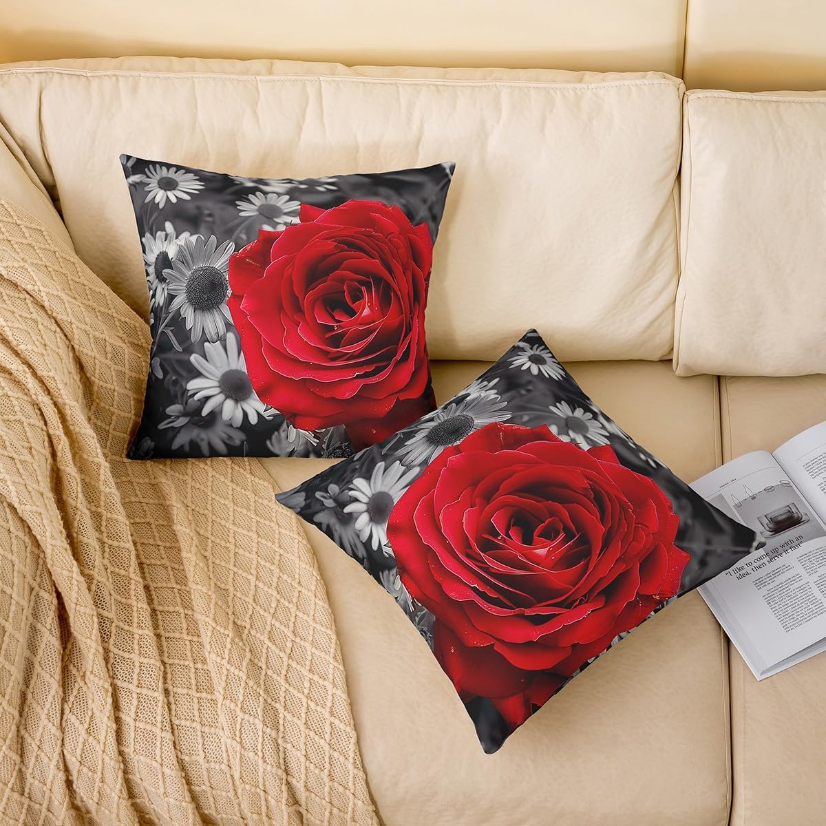 Rose Flowers Pillow Cases Cushion Covers Kids Rose Floral Flower Throw Pillow Covers 24"x24" Set of 2 Soft Decor Garden Flower Decorative Throw Pillowcases Valentine's Day Red Cushion Cases Bedroom